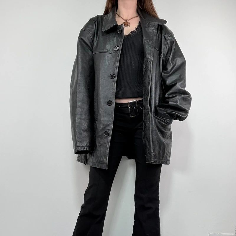 oversized black leather jacket