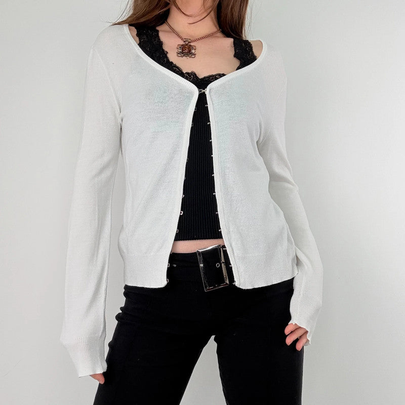 white cotton knit hook and eye cardigan