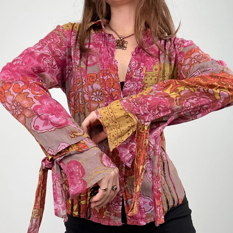 pink and brown floral printed flared shirt