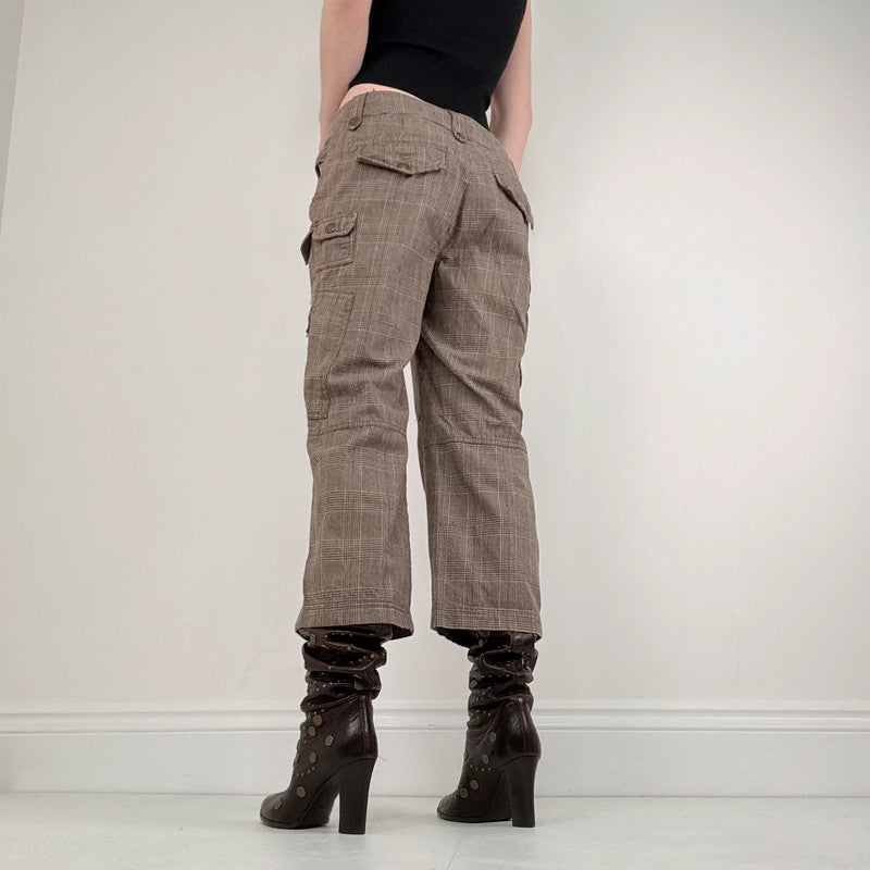 brown tartan cropped utility trousers