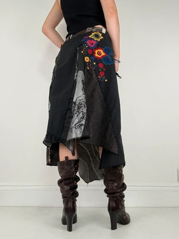 Patchwork embroidered asymmetric skirt
