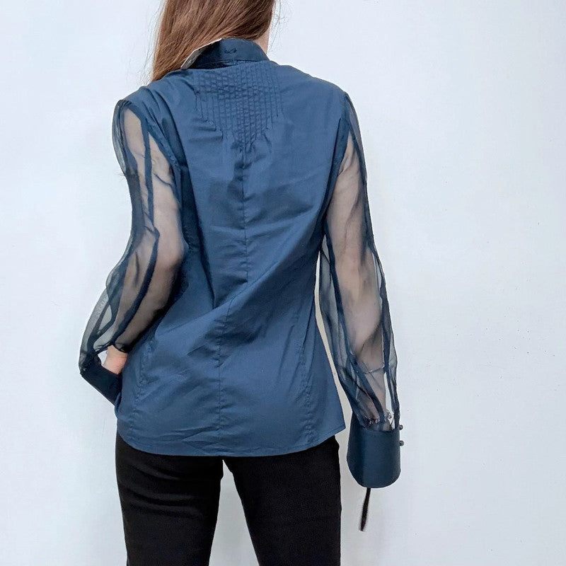 navy fitted shirt sheer puff sleeves