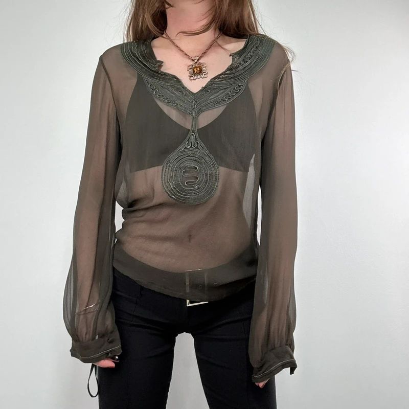 Antik Batik khaki sheer silk blouse