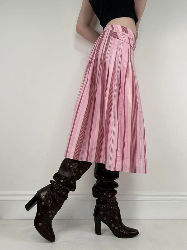 pink cotton pleated pinstripe flared midi skirt