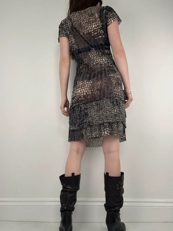 slouchy grey polkadot snake cowl neck draped mini dress