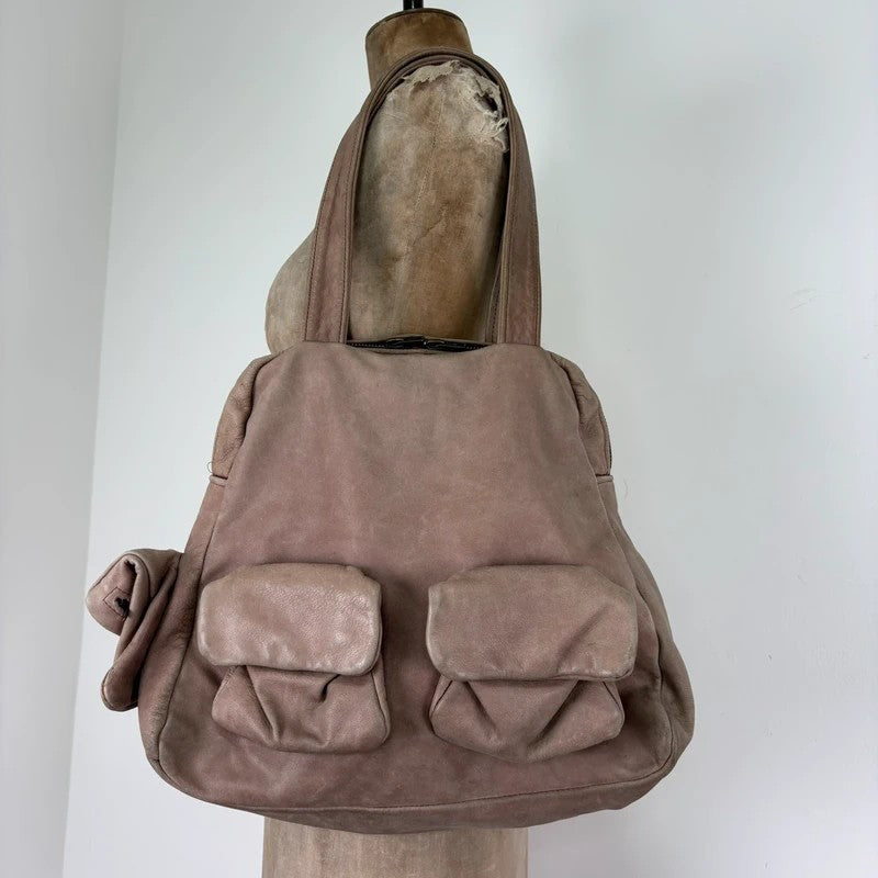 Dusty pink distressed leather cargo slouchy pocket bag