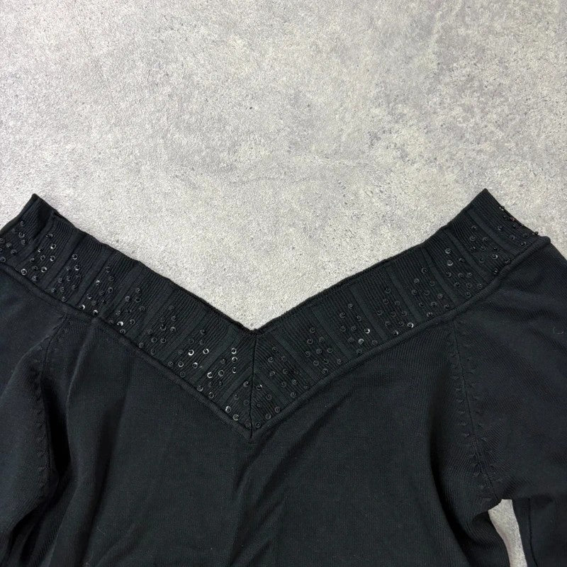 slouchy black off the shoulder glitter ribbed sweater