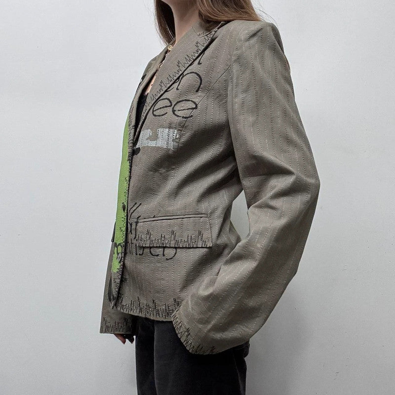 khaki pinstripe graphic printed blazer jacket