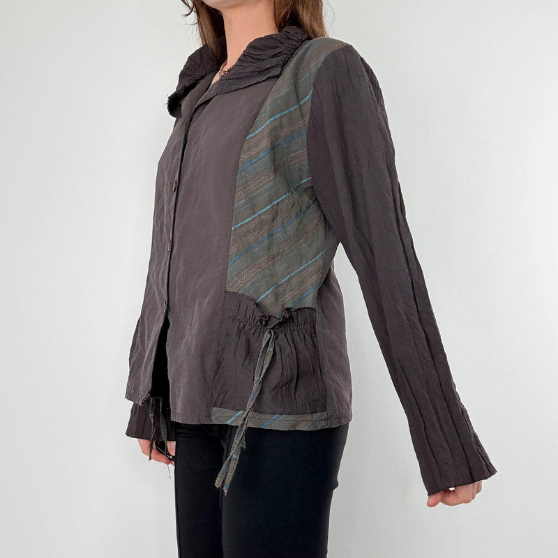 brown pinstripe gathered cinched shirt