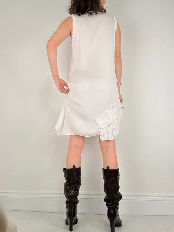 white linen lace asymmetric boho dress