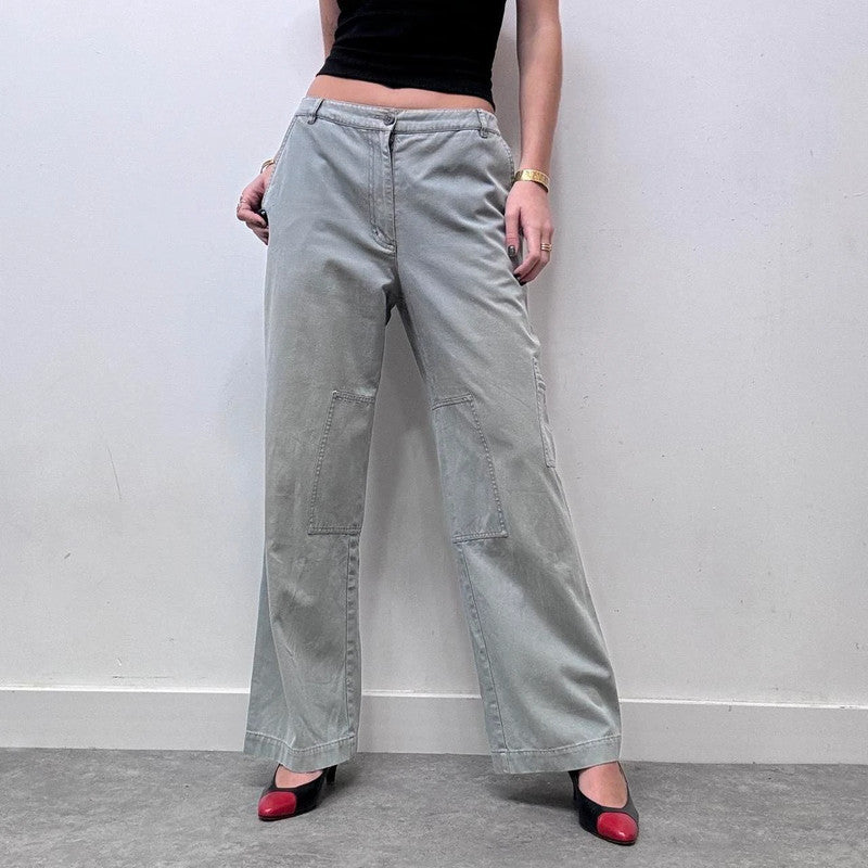 wide leg flared khaki distressed utility trousers