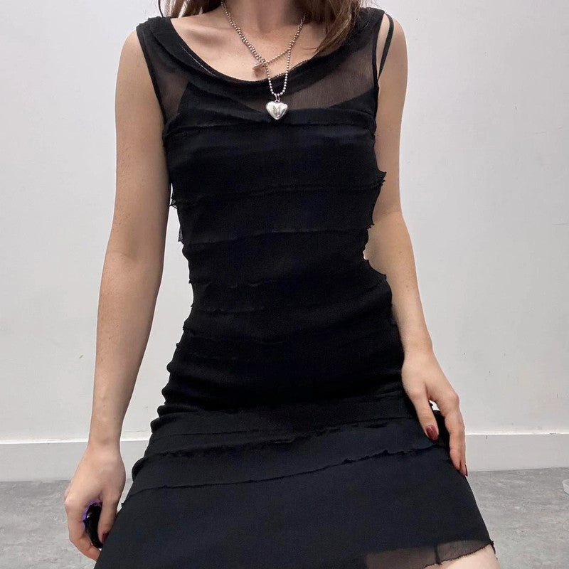 sheer ruffle black silk dress