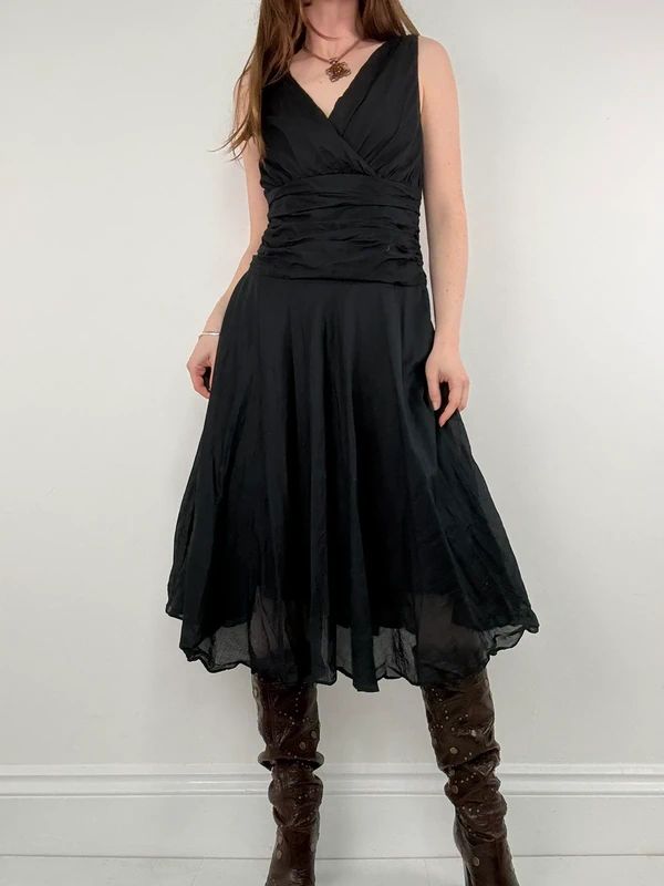 Black pleated cotton flared monsoon dress