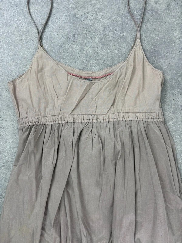 brown cotton pleated flared french midi dress
