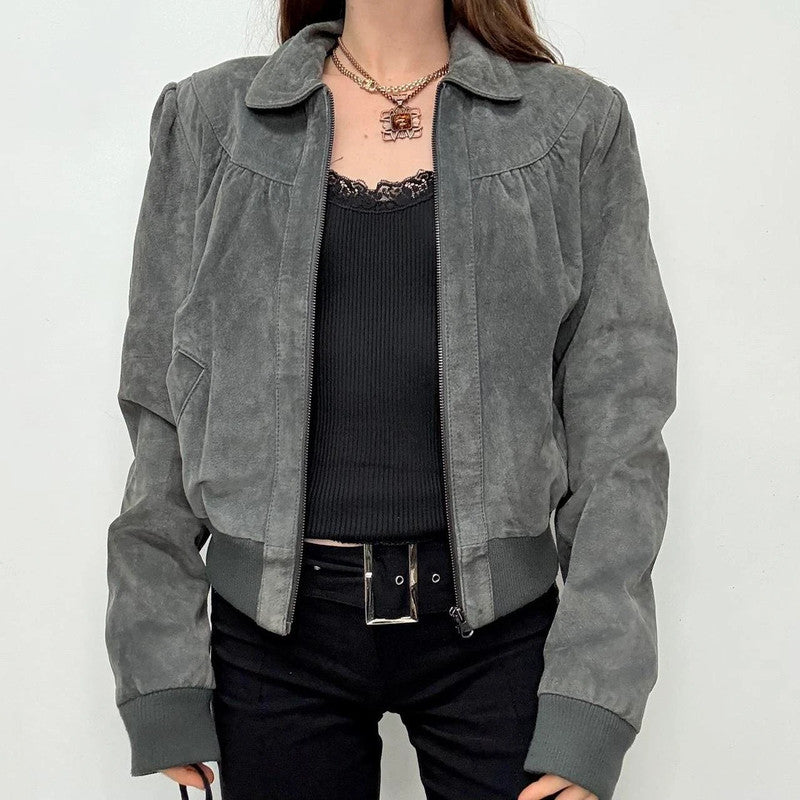 grey suede cropped puff bomber jacket