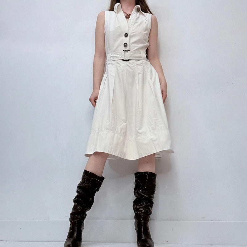 white flared button fitted midi dress