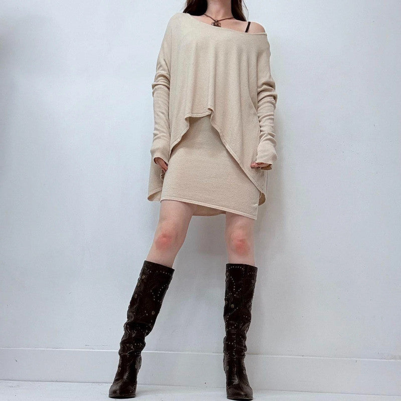 cream draped layered off the shoulder dress