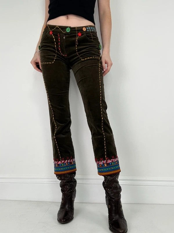 khaki corduroy embroidered hippy capri trousers