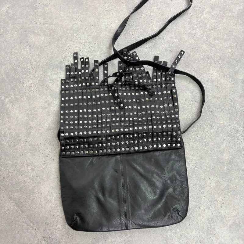 Black leather studded tassel crossbody bag