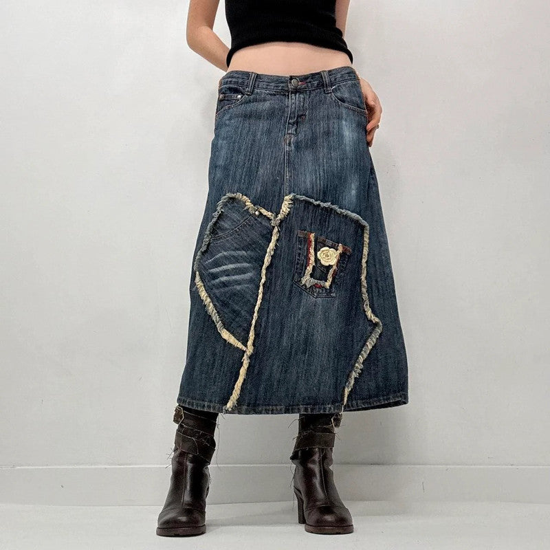 Contrast denim distressed crochet skirt