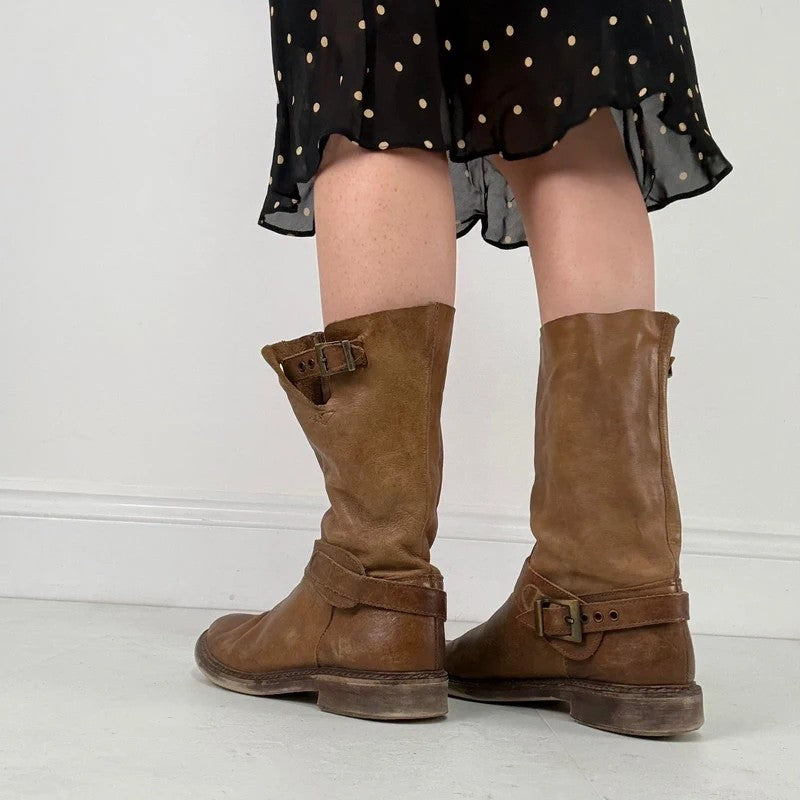 Tan leather buckle biker boots