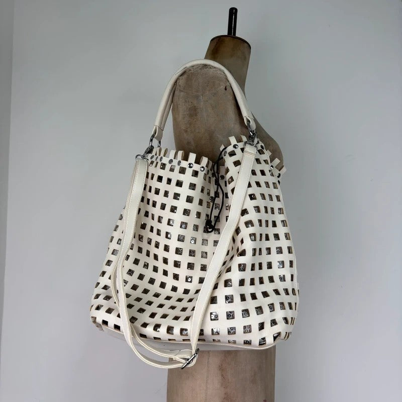Studded faux-leather woven glitter hobo bag