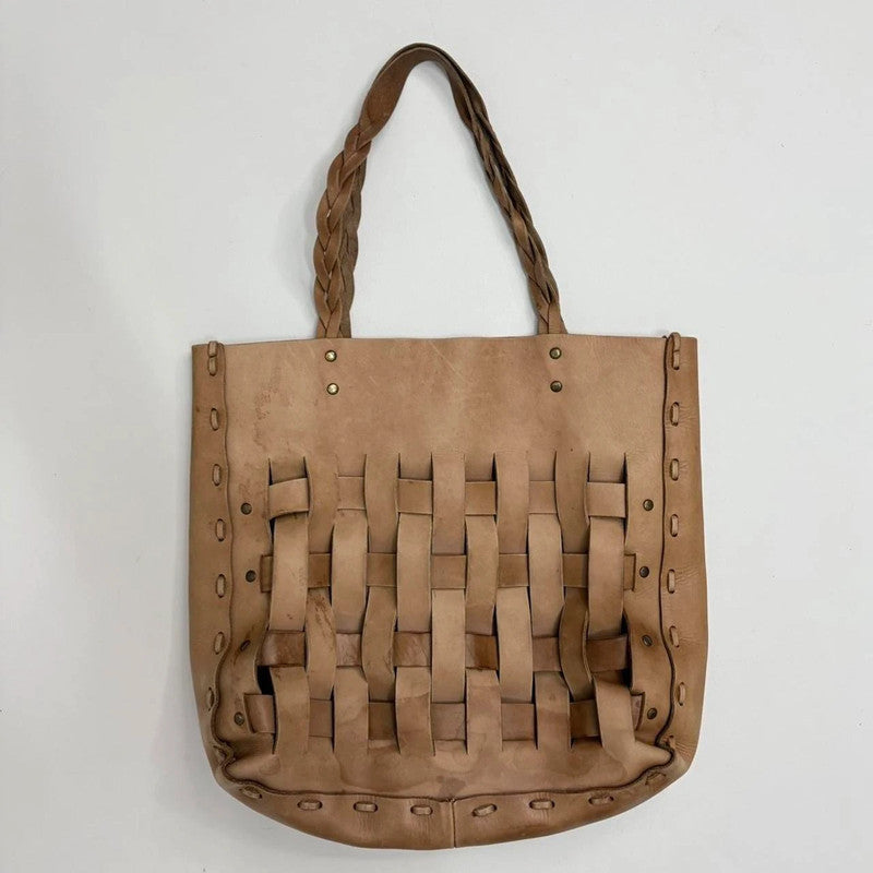 tan leather woven tote bag