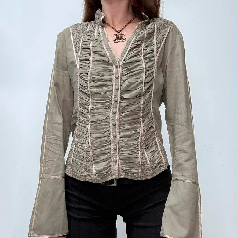 khaki gathered lace corset shirt