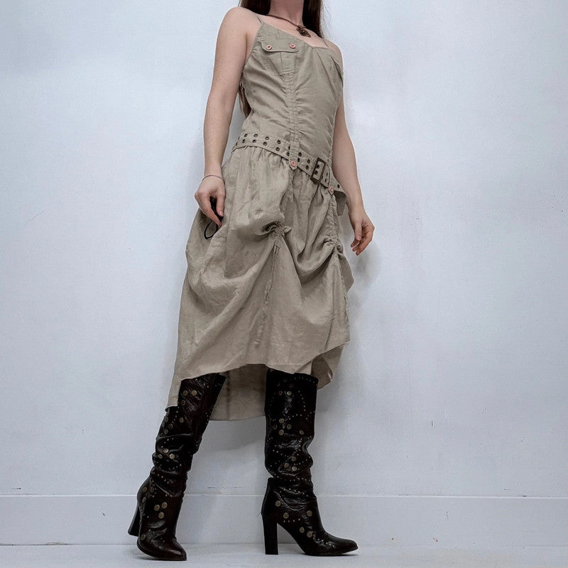 draped khaki belted grunge midi dress