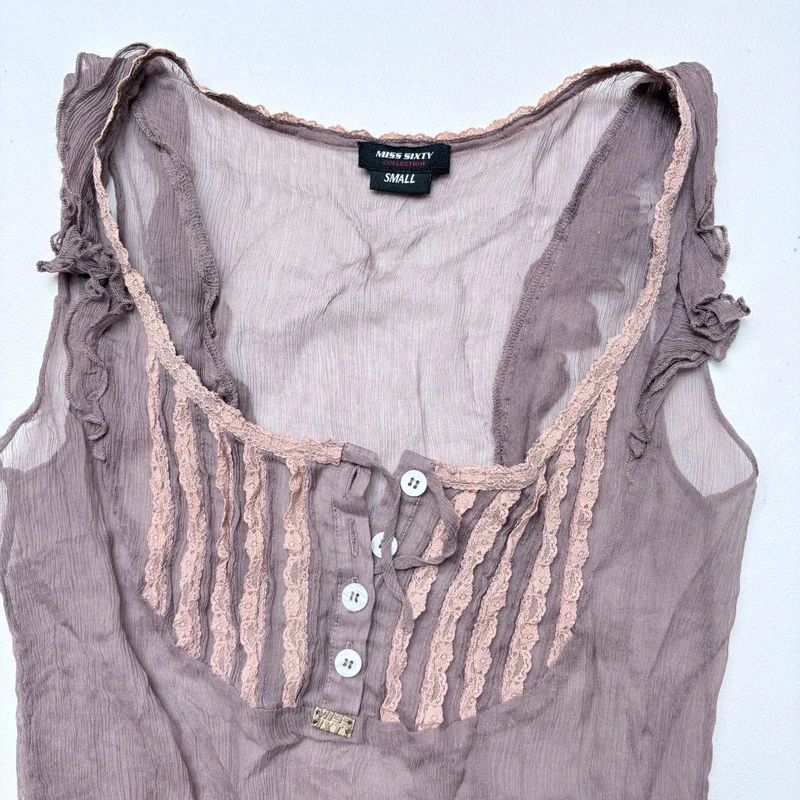 sheer brown crinkle flared miss sixty flutter vest