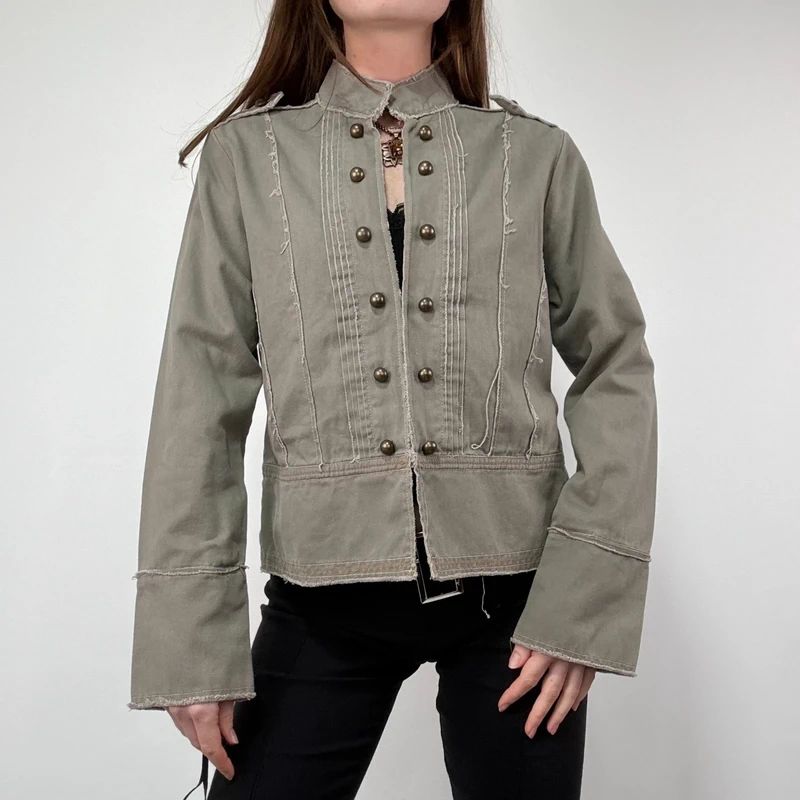 khaki military cotton utility jacket with hook and eyes