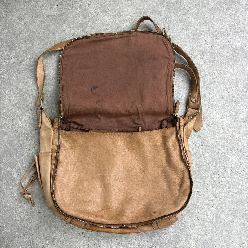 Tan distressed leather zip city crossbody D-ring bag