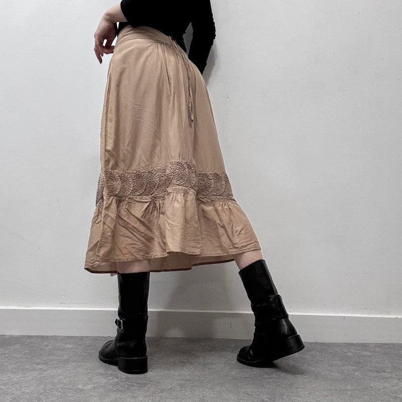 tan silk pleated flared midi skirt