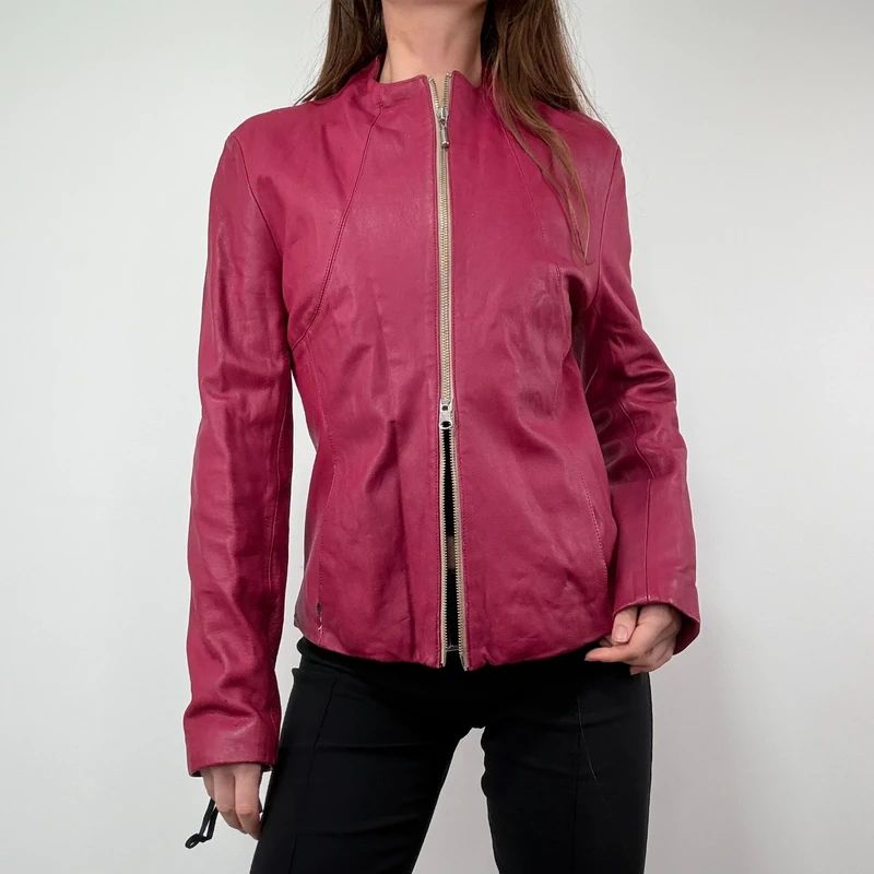 fitted 90s pink leather zip-up jacket