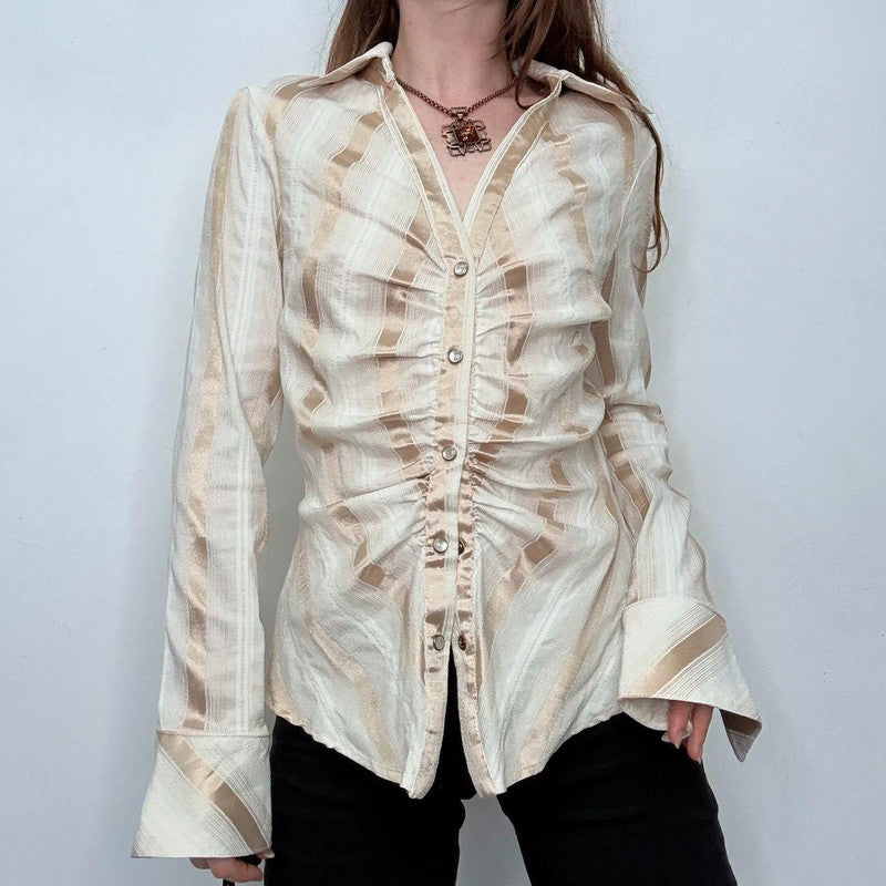gathered cinched striped fitted shirt