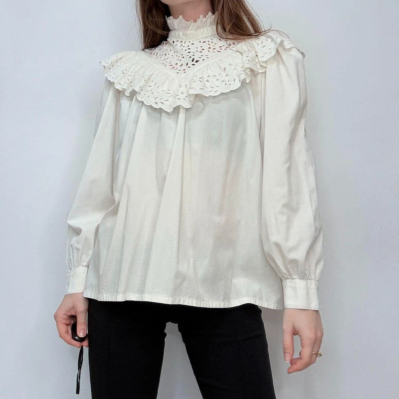 white cotton puff lace high neck shirt