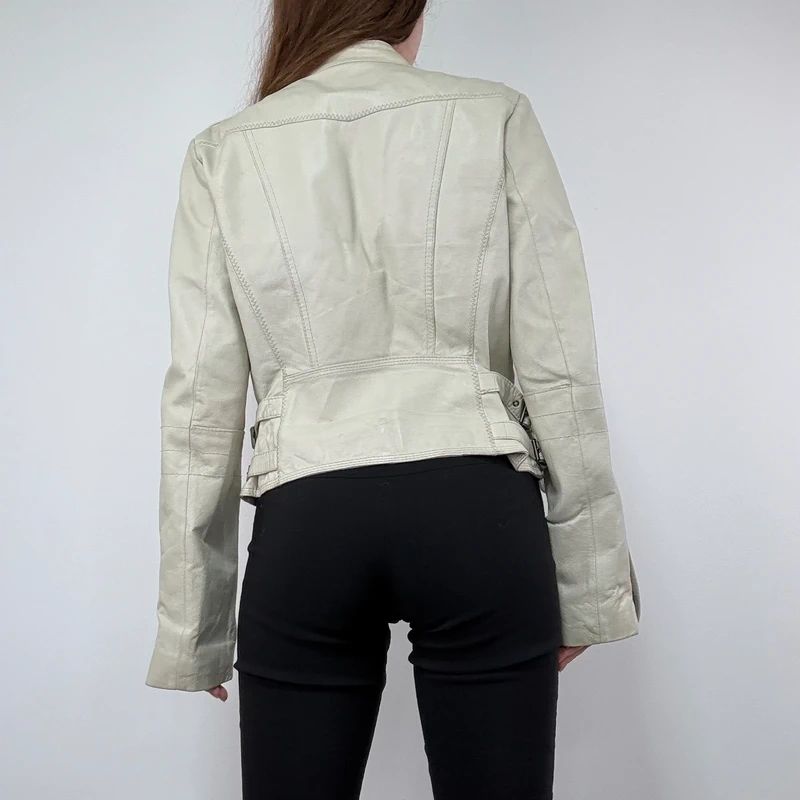 Cream Cropped Leather Biker Jacket