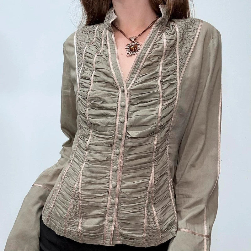 khaki gathered lace corset shirt