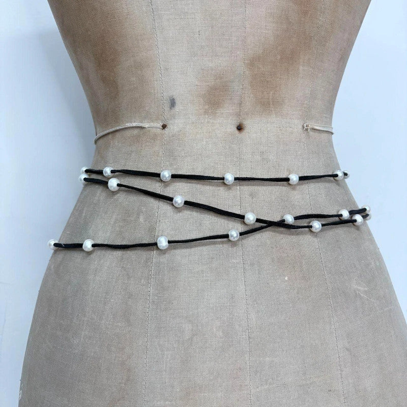 black suede pearl wrap waist beads