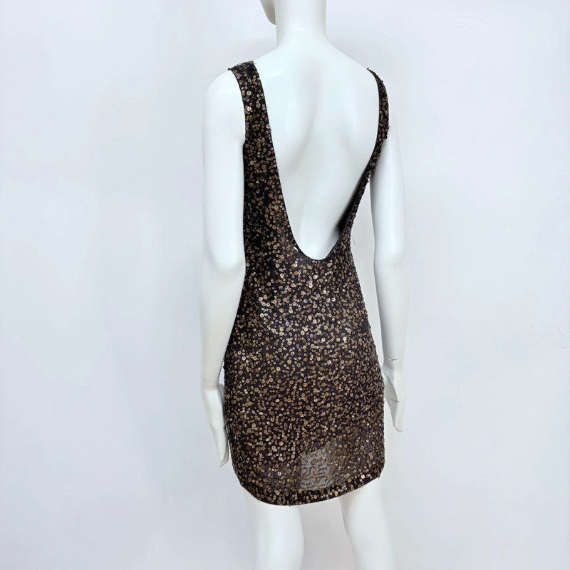 black studded brass sequin draped dress