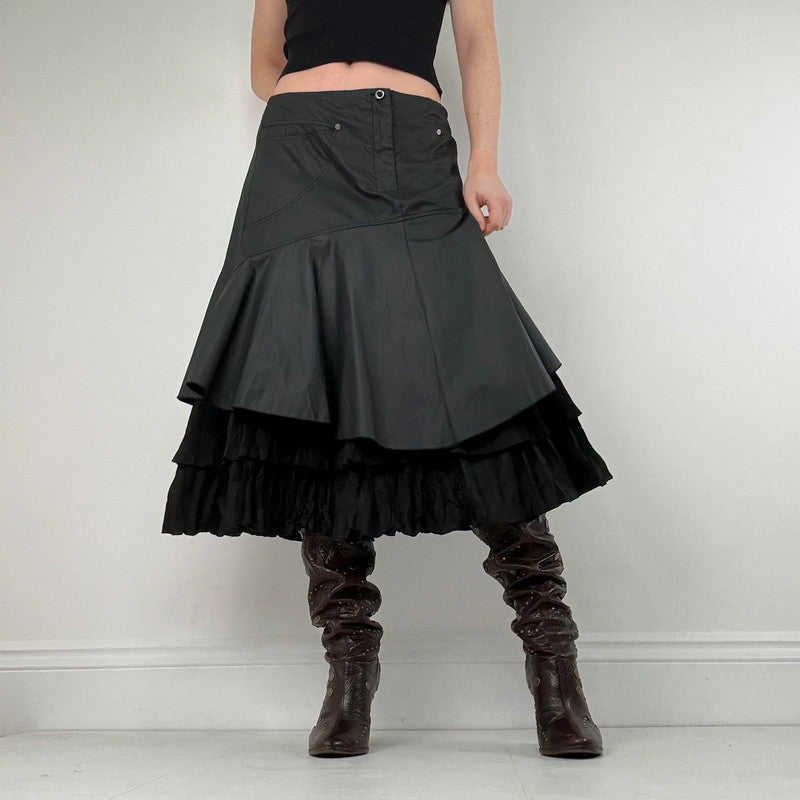 black pleated layered flared midi skirt