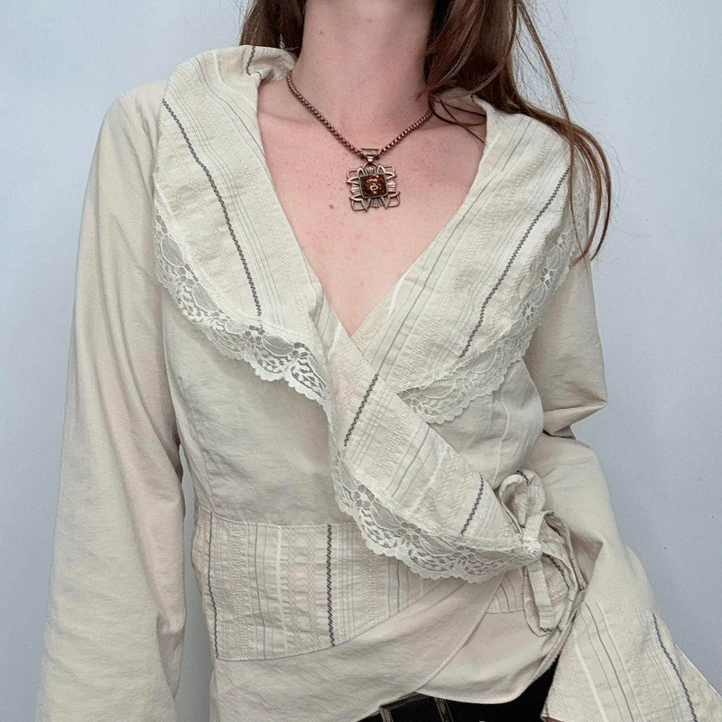 ruffle pinstripe wrap shirt