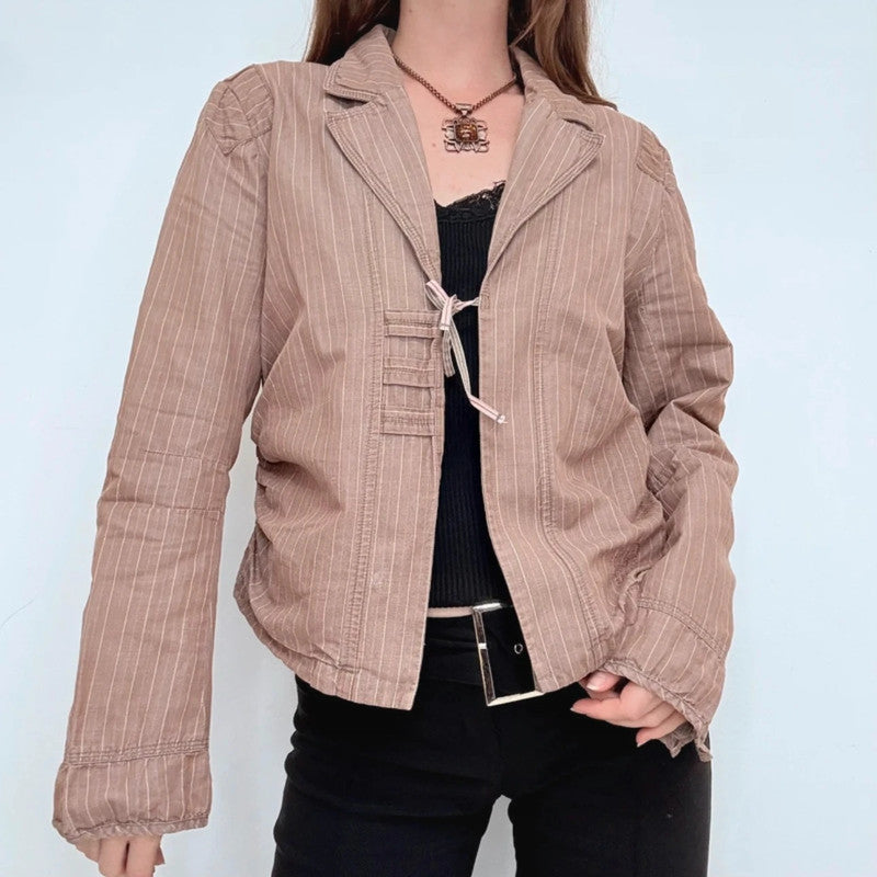 brown pinstripe fitted linen/cotton boxy pleated jacket