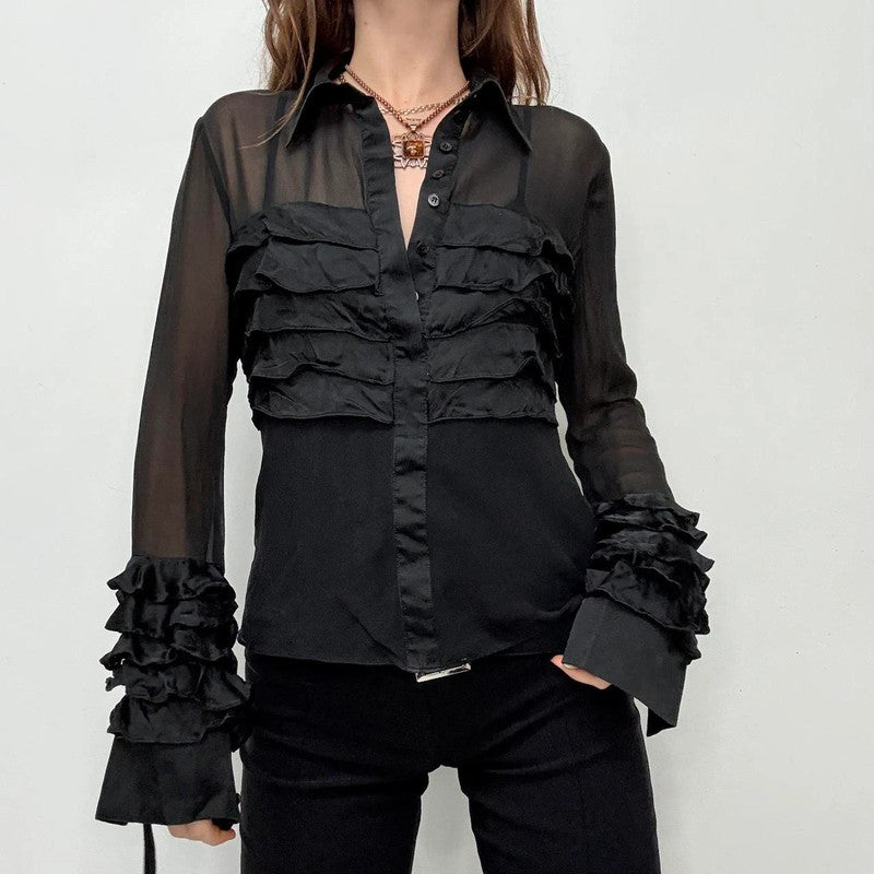 black ruffle grunge flare shirt