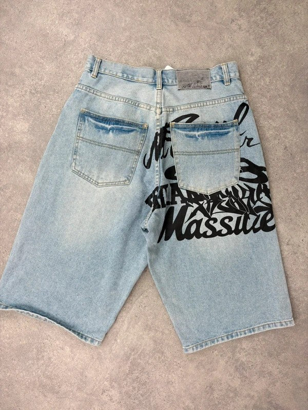 oversized wide leg denim jorts with graphic print