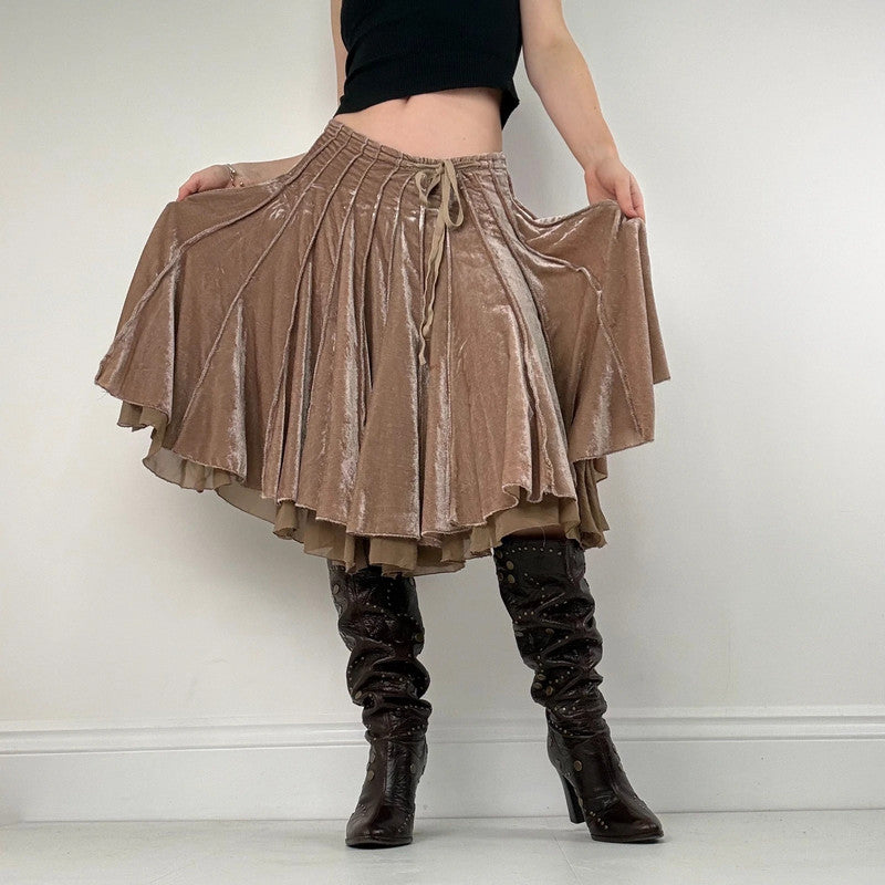 Brown pleated flared layered midi skirt