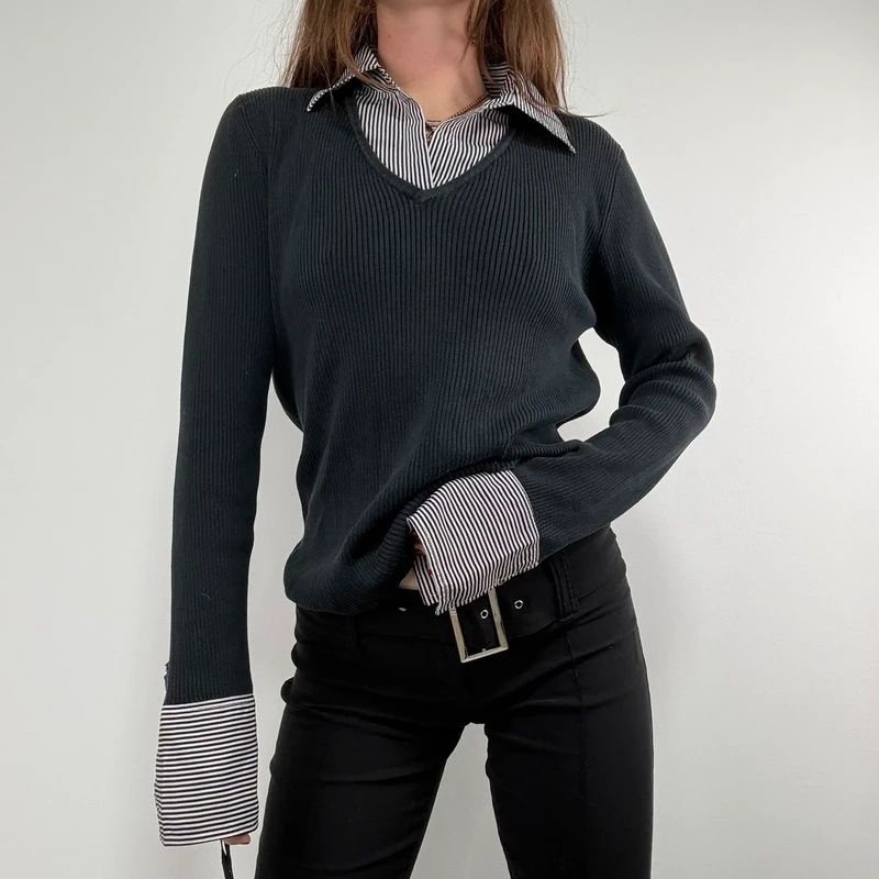 black ribbed knit layered shirt jumper