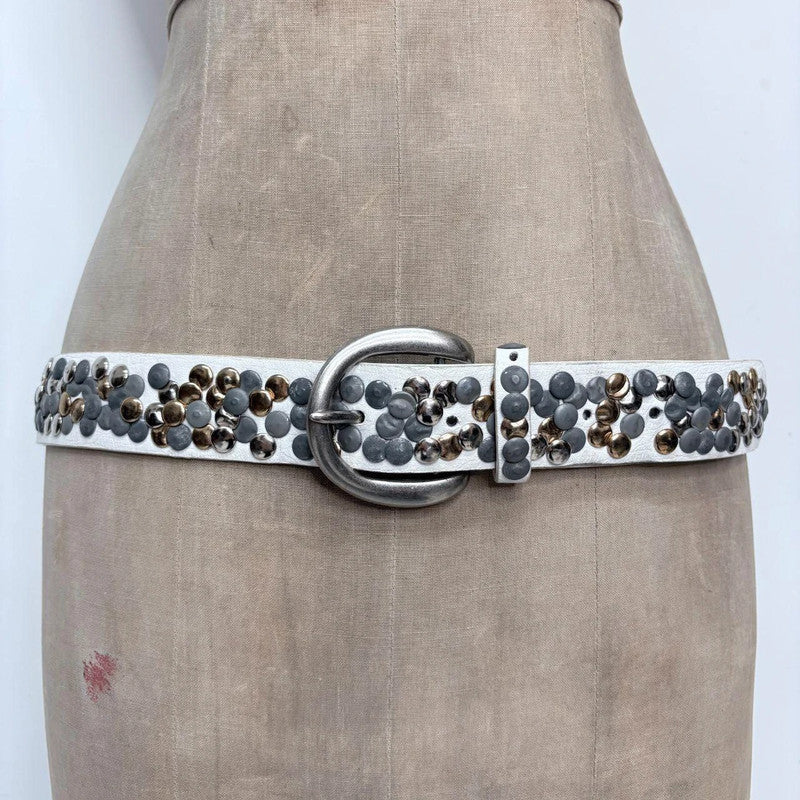 white leather studded metal belt