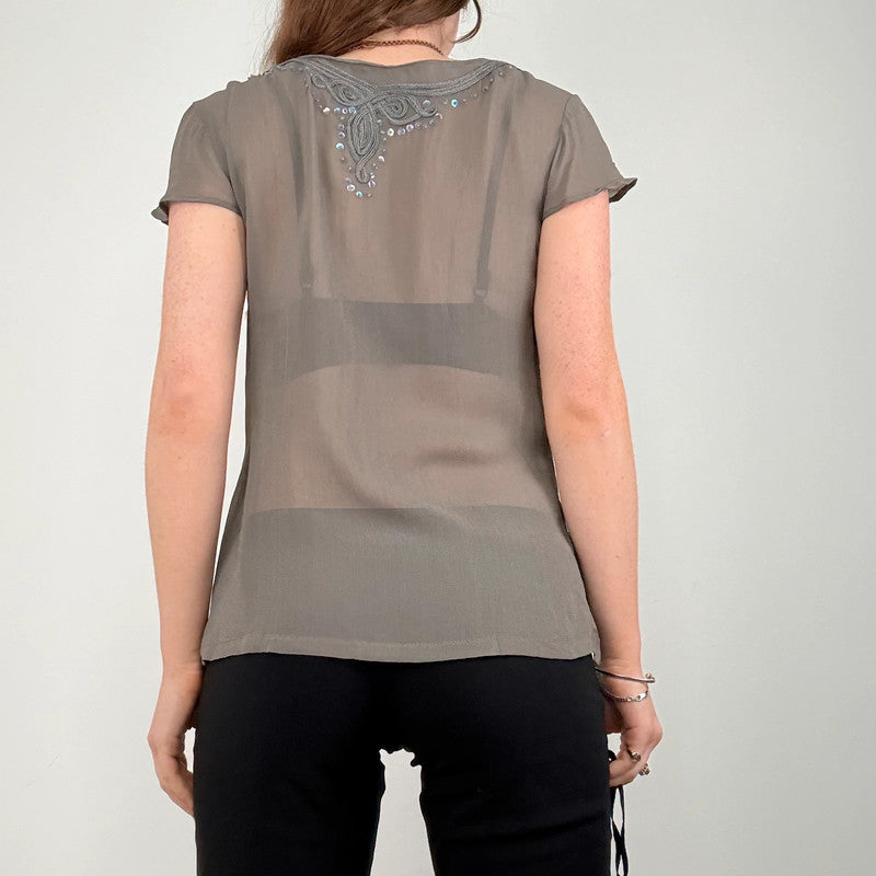 grey sheer beaded flutter shirt