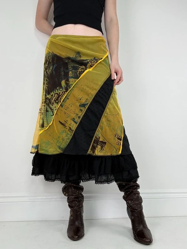 Patchwork graphic mesh layered long skirt